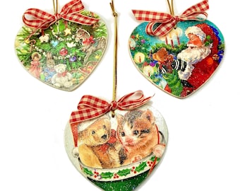 Decoupage Heart Christmas Ornament, Vintage Inspired Retro Decorations