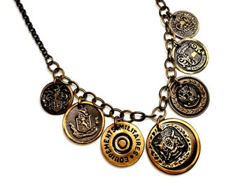 Upcycled Button Necklace Statement, Coin Jewelry in Bronze, Silver or Gold