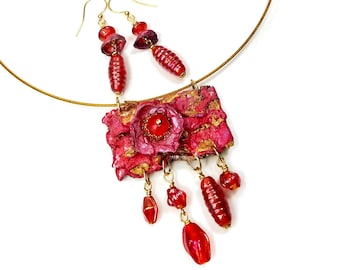 Artistic Statement Necklace Earring Set, Eco Friendly Recycled Materials Jewelry in Magenta Red