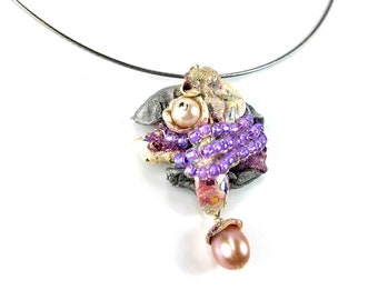 Art Jewelry Pendant Necklace, Freshwater Pearls, Repurposed Recycled Upcycled, Gift For Artist