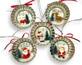 Handmade Christmas Diorama Ornaments,  Upcycled Vintage Holiday Decor with Santa, Reindeer & Snowman