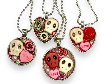 Heart Sugar Skull Necklace, Day of the Dead Folk Art Jewelry, Valentine Gift