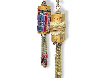 Wine Lover's Gift: Boho Style Repurposed Cork Necklaces with Fabric Wrapping and Tassels