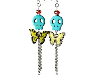 Day of the Dead Butterfly Sugar Skull Dangle Earrings