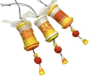 Candy Corn Halloween Ornament, Upcycled Spool Ornaments