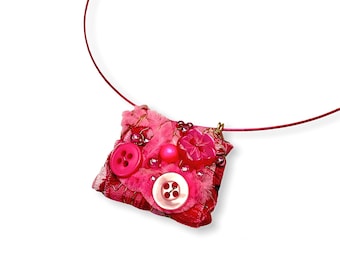 Hot Pink Fabric Necklace, Upcycled Button Pendant, Barbiecore Statement Jewelry