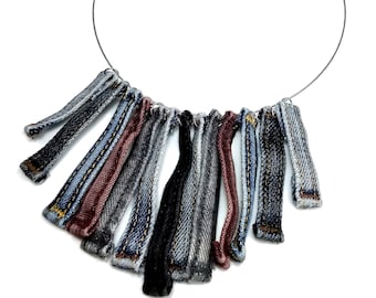 Repurposed Denim Statement Necklace, Upcycled Jeans Jewelry