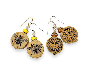 Eco Friendly Upcycled Wine Cork Earrings, Hand Stamped with Sun or Bee Designs