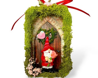 Unique Valentine Gnome Ornament Gift, Gonk Shadowbox Diorama in Upcycled Tin