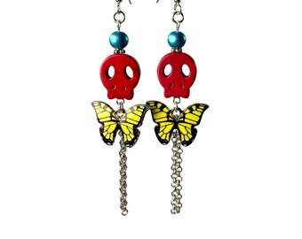 Day of the Dead Butterfly Sugar Skull Dangle Earrings