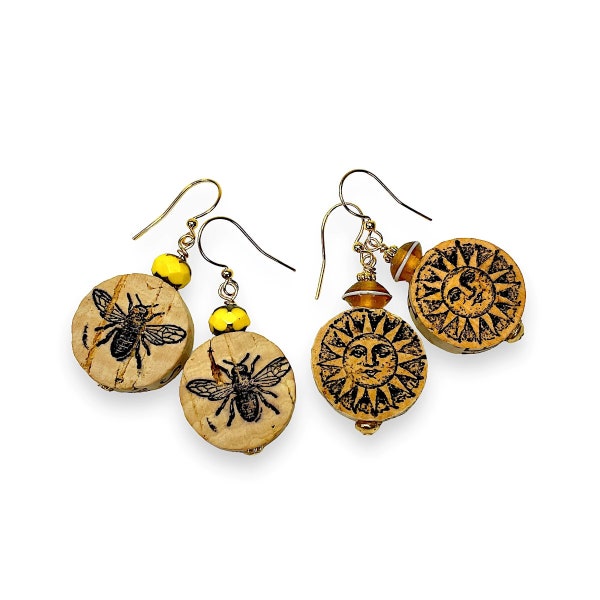 Eco Friendly Upcycled Wine Cork Earrings Hand Stamped with Sun or Bee Designs