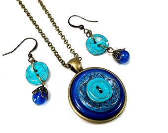 Upcycled Jewelry Gift Set, Button Necklace Earrings in Blue, Unique Gift For Woman