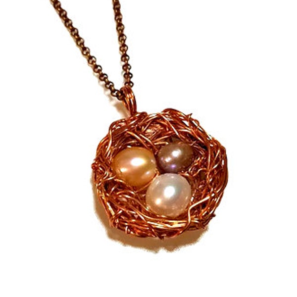 Bird's Robin's Nest Necklace,  Pendant, Copper Jewelry, Freshwater Pearls, Handmade Mothers Day Gift Ideas