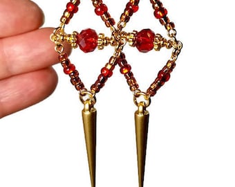 Red and Gold Spiked Earrings, Statement Earrings, Holiday Jewelry