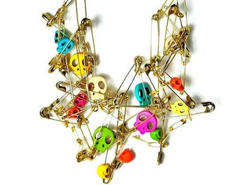 Colorful Skull Safety Pin Necklace Statement, Day of the Dead Jewelry, Repurposed  Upcycled