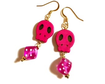 Pink Rockabilly Dice Earrings with Skulls, Day Of The Dead, Sugar Skull Jewelry