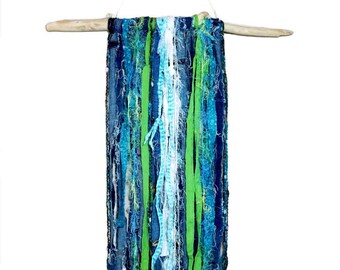 Ocean Inspired Wall Hanging, Eco Friendly Coastal Decor with Repurposed Denim Fabric