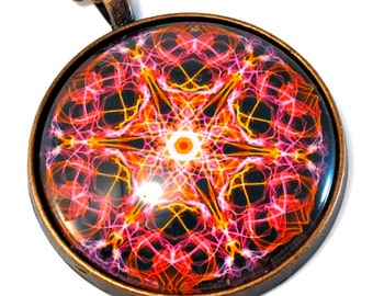 Electrifying Star Mandala Necklace Pendant,  Sacred Geometry Art Jewelry in Vibrant Pink and Yellow, LARGE