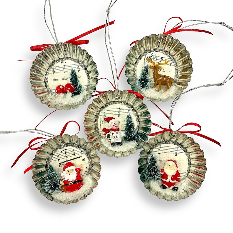 Christmas Diorama Ornaments, Holiday Decor, Hanging Decorations: Santa, Reindeer, Snowman, Mushrooms image 1