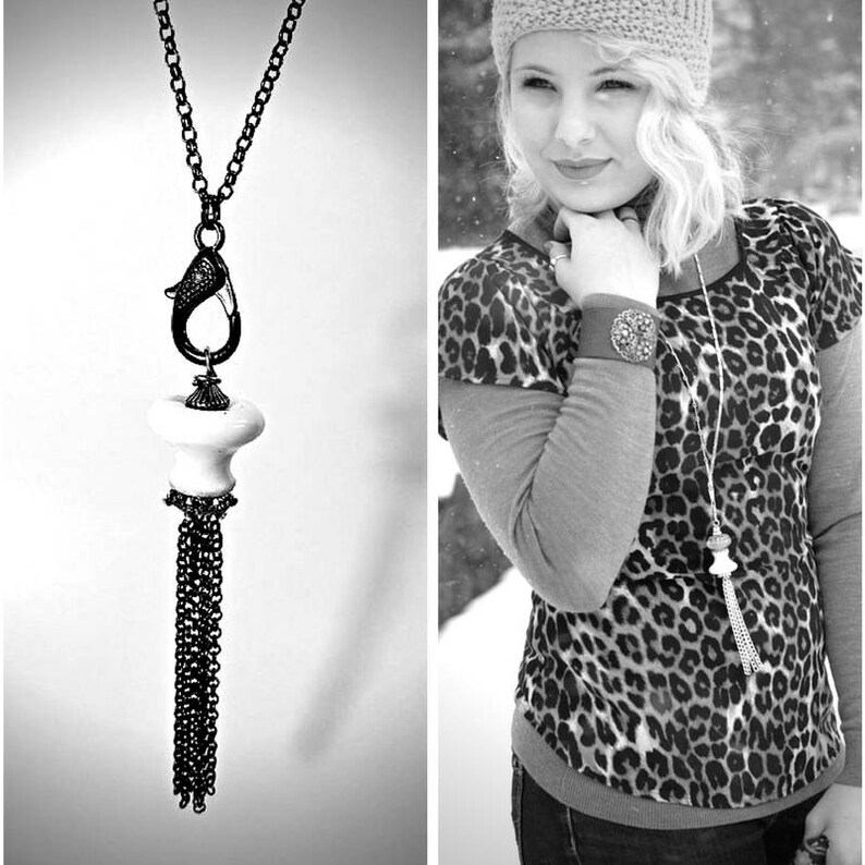 Black or White Long TASSEL Necklaces in Mint Repurposed Glass