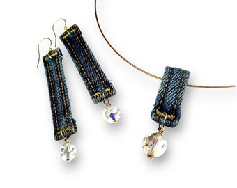 Upcycled Denim Jewelry Set, Handmade Earrings & Necklace with Crystals, Unique Eco Friendly Gift