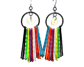 Colorful Tribal Statement Earrings, Upcycled Jewelry, Repurposed Bobby Pins