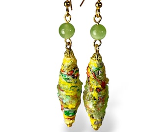 Upcycled Candy Wrapper Earrings: Green & Yellow Boho Dangles
