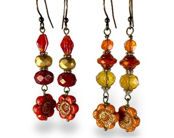 Boho Style Czech Glass Flower Dangle Earrings in Red or Orange Warm Tones