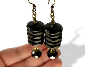 Repurposed Vintage Button, Black Dangle Earrings, Upcycled Handmade Jewelry Gift