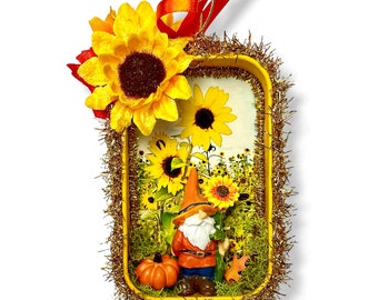 Fall Diorama Gnome Ornaments, Upcycled Tin Shadowbox Autumn Decoration Gift