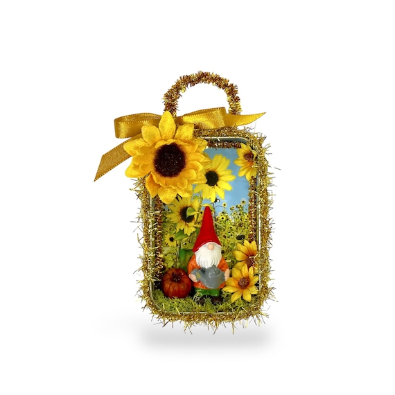Fall Diorama Gnome Ornaments, Upcycled Tin Shadowbox Autumn Decoration Gift with Gonk