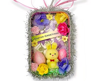 Easter Bunny Shadowbox Diorama Ornament Gift, Repurposed Tins