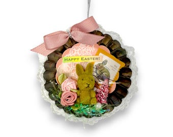 Handmade Easter Bunny Ornament with Postage Stamp, Metal Tart Tin Spring Decor, Shiny or Rustic Finish, Only 2 Available