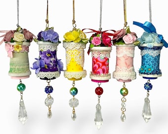 Cottage Chic Spool Ornaments, Upcycled Victorian Floral Decorations
