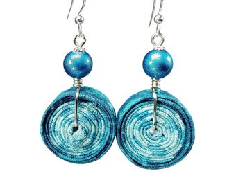 Upcycled Coiled Fabric Earrings,  Aqua Blue Eco Friendly Fiber Art Jewelry