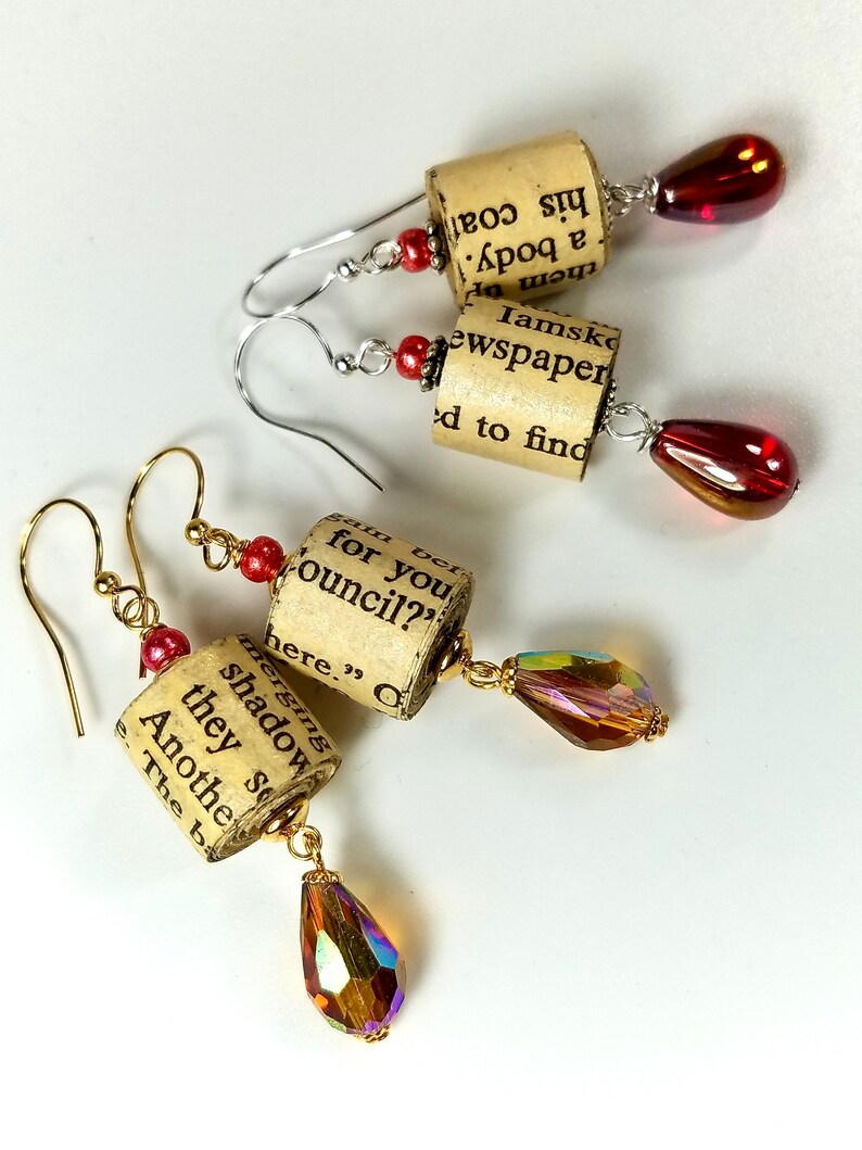 Upcycled Paper Bead Dangle Earrings, Book Lover Gift image 5