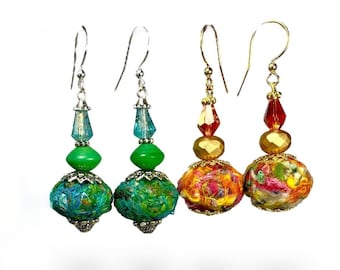 Jewel Toned Fabric Bead Earrings, Boho Style Jewelry