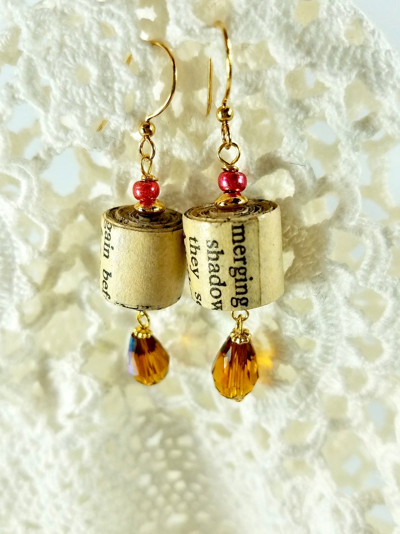 Upcycled Paper Bead Dangle Earrings, Book Lover Gift image 4