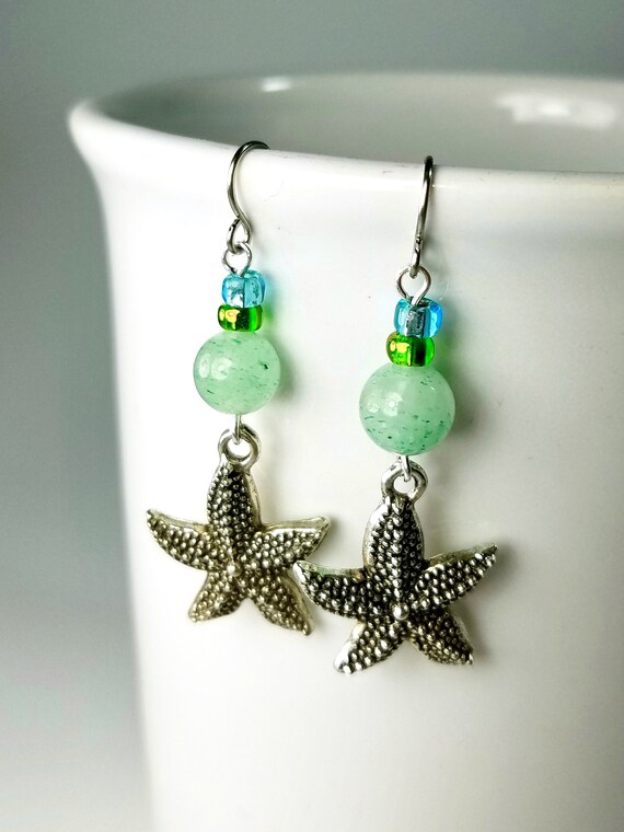 Upcycled Fiber Art Necklace & Starfish Earrings: Ocean  display picture 1