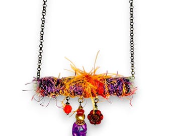 Boho Fiber Art Necklace, Mixed Media Textile Pendant, Wearable Art Jewelry