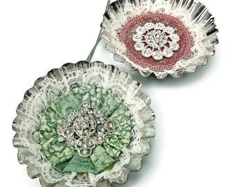 Victorian Lace Ornaments, Vintage Inspired Christmas  Decorations, Pink and Green, Set of 2