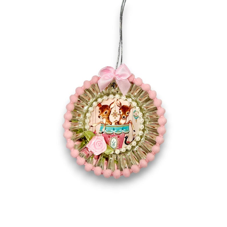 retro pink Christmas reindeer ornament