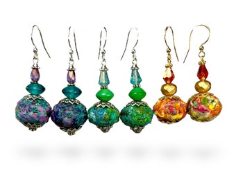 Jewel-Toned Fabric Bead Earrings, Boho Style Jewelry