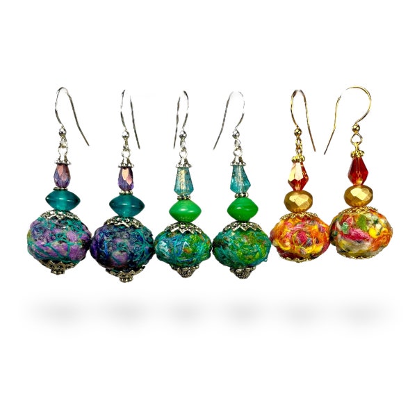 Jewel-Toned Fabric Bead Earrings, Boho Style Jewelry