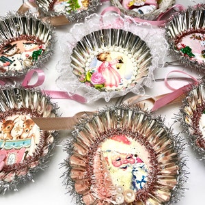 Light Pink Retro Christmas Ornaments, Kitschy Vintage Inspired Holiday Decorations