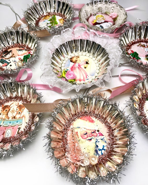 Light Pink Retro Christmas Ornaments, Kitschy Vintage Inspired Holiday Decorations