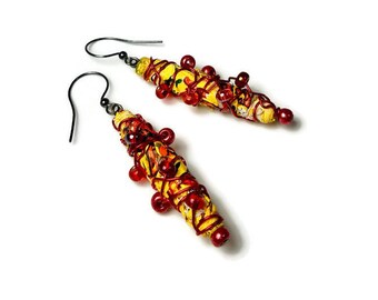 Eco Chic Red and Yellow Earrings, Repurposed Recycled Upcycled Jewelry