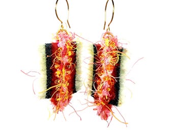 Fiery Red Fiber Art Earrings – Repurposed Denim Statement Jewelry