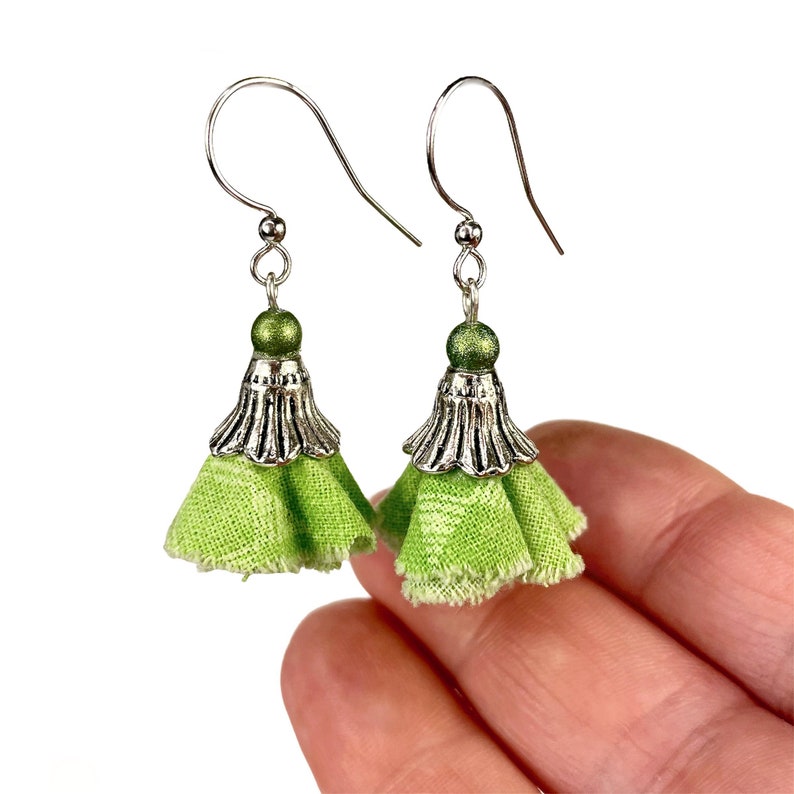 green fabric bell flower earrings