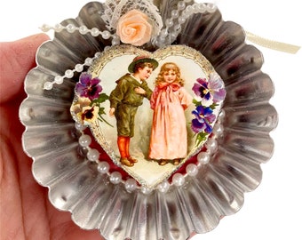 Peachy Pink Victorian Valentine Ornaments, Vintage Inspired Tin Ornaments, Romantic Gift For Wife